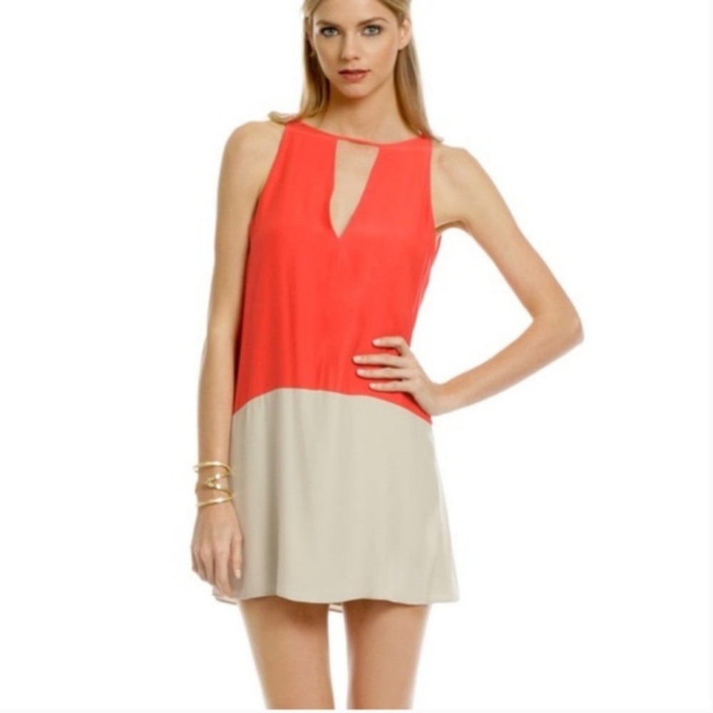 Coral & beige Silk color block dress